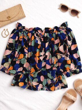 Tucker 100% Silk Floral Off Shoulder Blouse XS Boho Summer Festival Top